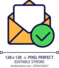 Letter with check mark pixel perfekte RGB Farbsymbol. Lest das Nachrichtensymbol. Offener Umschlag mit Papier und Häkchen. Einzige Vektorgrafik. Einfache, ausgefüllte Linienzeichnung. Bearbeitbarer Hub