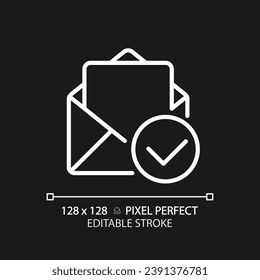 Letter with check mark pixel perfect white linear icon for dark theme. Read message symbol. Open envelope with paper and tick. Thin line illustration. Isolated symbol for night mode. Editable stroke