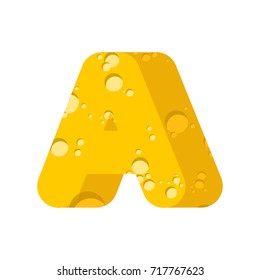 Letter A cheese font. Symbol of cheesy alphabet. Dairy Food type sign. Vector illustration
