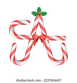 Letter A in Christmas candy canes with decorations vector illustration 