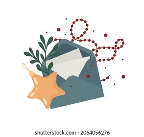 A letter with Christmas greetings. Isolated vector colorful element on a white background. 
