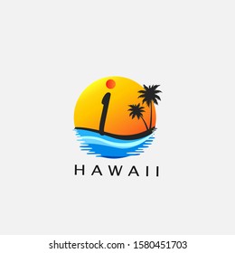 Letter I - Circle Hawaii Palm Beach Logo icon.  Nature logo design concept sunset, palm tree and  sea wave on circle for initial letter I, surfing shop, sport, Tour and Travel.