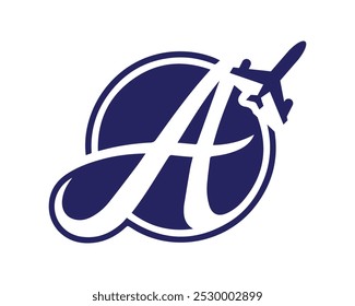 Letter A circle logo with Aeroplane icon, Travel and ticket agency logo design, Letter A tour and travel logo design vector illustration