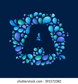 A letter in a circle of splashes and drops of water. Font style, vector design template elements for your ecology application or corporate identity.