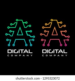 Letter A Circuit technology logo. Vector template for electronic. This logo with dot and circle symbol.