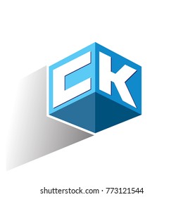 Letter CK logo in hexagon shape and blue background, cube logo with letter design for company identity.
