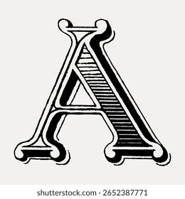 Letter A in classic medieval art alphabet illustration isolated on white, vector. Creative font and typography letter, isolated vector. Vintage black font.