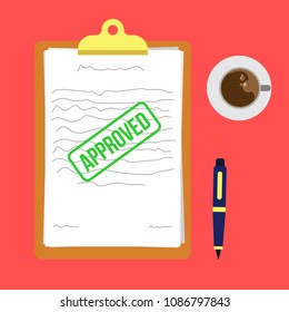 Letter clip board approves the contract agreement. Accompanied by the warm coffee in the red background