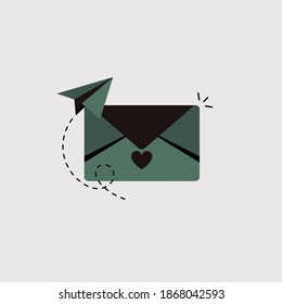 Letter in a close envelope. Sent or received holiday card. Flat design icon. Green