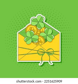 Letter with Clover and Gold Coins for Saint Patricks Day Good Luck Sticker Pop Art Groovy Funny