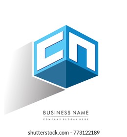 Letter CN logo in hexagon shape and blue background, cube logo with letter design for company identity.
