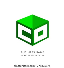 Letter CO logo in hexagon shape and green background, cube logo with letter design for company identity.
