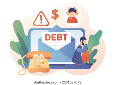 Letter from collector agency on laptop screen. Debt collection. Tiny people who doesn't pay bills. Financial problems, debts and loans. Modern flat cartoon style. Vector illustration 