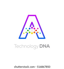 Letter A colorful with abstract biotechnology dna logotype. Medicine, science, laboratory,Technology DNA vector concept