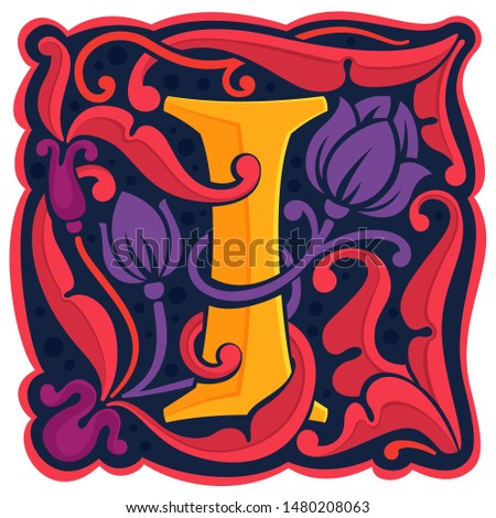 Letter I colorful antique gothic initial logo. Font style, vector premium design template elements for your corporate identity, package, monogram, emblem, etc.