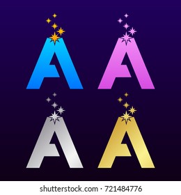 Letter A Colorful and Gold Silver with Sparkles light Eight point stars logotype, Beautiful Luxury, Fashion, Jewelry, Beauty Salon, Cosmetics, Spa, Resort, Magician Logo for your Corporate identity