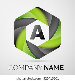 A Letter colorful logo in the hexagonal on grey background. Vector template for your design