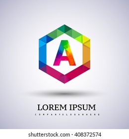 A letter colorful logo in the hexagonal. Vector design template elements for your application or company identity.