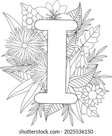 Página de coloreado de la carta I. Colores florales. Ilustración vectorial. 