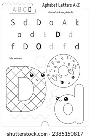 Letter Coloring Worksheet for Kids Activity Book. For Letter D upper and lower case. Preschool tracing lines, shapes and coloring practice for toddler and teacher. Black and white Vector printable 