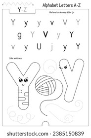 Letter Coloring Worksheet for Kids Activity Book. For Letter Y upper and lower case. Preschool tracing lines, shapes and coloring practice for toddler and teacher. Black and white Vector printable pag