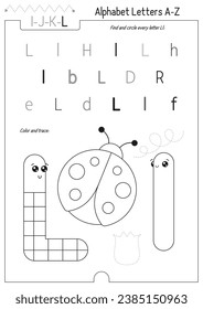 Letter Coloring Worksheet for Kids Activity Book. For Letter L upper and lower case. Preschool tracing lines, shapes and coloring practice for toddler and teacher. Black and white Vector printable pag