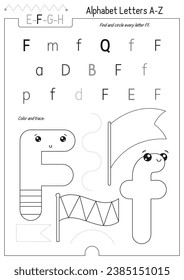 Letter Coloring Worksheet for Kids Activity Book. For Letter F upper and lower case. Preschool tracing lines, shapes and coloring practice for toddler and teacher. Black and white Vector printable pag