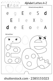 Letter Coloring Worksheet for Kids Activity Book. For Letter E upper and lower case. Preschool tracing lines, shapes and coloring practice for toddler and teacher. Black and white Vector printable pag