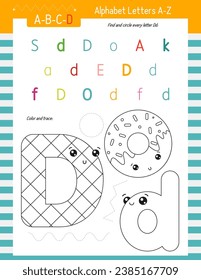 Letter Coloring Worksheet for Kids Activity Book. For Letter D upper and lower case. Preschool tracing lines, shapes and coloring practice for toddler and teacher. Vector printable page for Exercise 