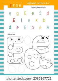 Letter Coloring Worksheet for Kids Activity Book. For Letter E upper and lower case. Preschool tracing lines, shapes and coloring practice for toddler and teacher. Vector printable page for Exercise 