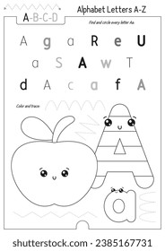 Letter Coloring Worksheet for Kids Activity Book. For Letter A upper and lower case. Preschool tracing lines, shapes and coloring practice for toddler and teacher. Black and white Vector printable 