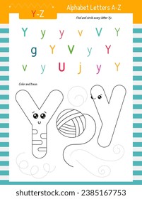 Letter Coloring Worksheet for Kids Activity Book. For Letter Y upper and lower case. Preschool tracing lines, shapes and coloring practice for toddler and teacher. Vector printable page for Exercise