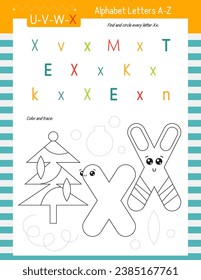 Letter Coloring Worksheet for Kids Activity Book. For Letter X upper and lower case. Preschool tracing lines, shapes and coloring practice for toddler and teacher. Vector printable page for Exercise