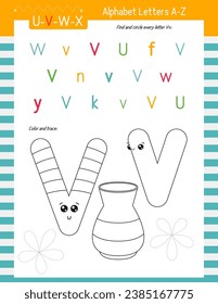 Letter Coloring Worksheet for Kids Activity Book. For Letter V upper and lower case. Preschool tracing lines, shapes and coloring practice for toddler and teacher. Vector printable page for Exercise