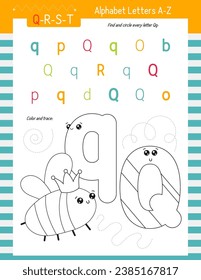 Letter Coloring Worksheet for Kids Activity Book. For Letter Q upper and lower case. Preschool tracing lines, shapes and coloring practice for toddler and teacher. Vector printable page for Exercise 