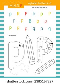 Letter Coloring Worksheet for Kids Activity Book. For Letter P upper and lower case. Preschool tracing lines, shapes and coloring practice for toddler and teacher. Vector printable page for Exercise 