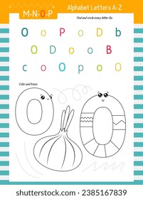 Letter Coloring Worksheet for Kids Activity Book. For Letter O upper and lower case. Preschool tracing lines, shapes and coloring practice for toddler and teacher. Vector printable page for Exercise 