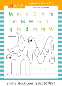 Letter Coloring Worksheet for Kids Activity Book. For Letter M upper and lower case. Preschool tracing lines, shapes and coloring practice for toddler and teacher. Vector printable page for Exercise 