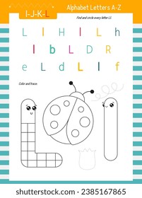 Hoja de trabajo de coloreado de letras para el libro de actividad infantil. Para la letra L, mayúsculas y minúsculas. Líneas de rastreo preescolar, formas y prácticas de coloración para niños y maestros. Página para ejercicio de vectores imprimible 