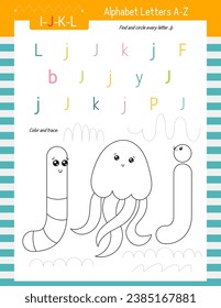 Letter Coloring Worksheet for Kids Activity Book. For Letter J upper and lower case. Preschool tracing lines, shapes and coloring practice for toddler and teacher. Vector printable page for Exercise 