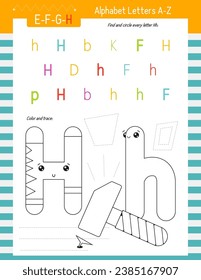 Letter Coloring Worksheet for Kids Activity Book. For Letter H upper and lower case. Preschool tracing lines, shapes and coloring practice for toddler and teacher. Vector printable page for Exercise 