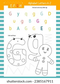 Letter Coloring Worksheet for Kids Activity Book. For Letter G upper and lower case. Preschool tracing lines, shapes and coloring practice for toddler and teacher. Vector printable page for Exercise 