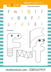 Letter Coloring Worksheet for Kids Activity Book. For Letter F upper and lower case. Preschool tracing lines, shapes and coloring practice for toddler and teacher. Vector printable page for Exercise b