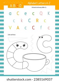 Letter Coloring Worksheet for Kids Activity Book. For Letter C upper and lower case. Preschool tracing lines, shapes and coloring practice for toddler and teacher. Vector printable page for Exercise 