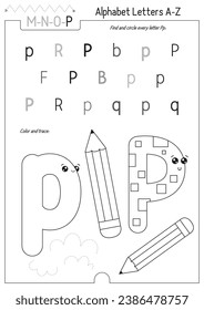 Letter Coloring Worksheet for Kids Activity Book. For Letter P upper and lower case. Preschool tracing lines, shapes and coloring practice for toddler and teacher. Black and white Vector 