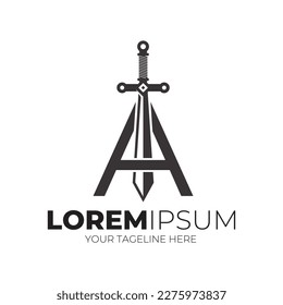 Letter A Combined Sword Logo Design Vector Illustration