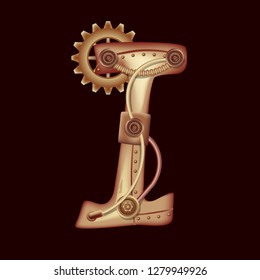 Letter I from the complete set of characters of the font. Symbol of the Latin alphabet and English language. Copper and brass fantasy mechanical steampunk construction with tubes, gears and rivets.