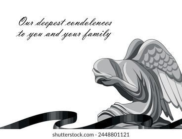 A letter of condolence on the death of a man. A kneeling weeping angel with wings on a white background. Black mourning ribbon. Funeral and commemoration of the deceased