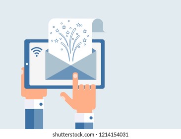 Letter of congratulations online. Flat design. Uniform isolated background.