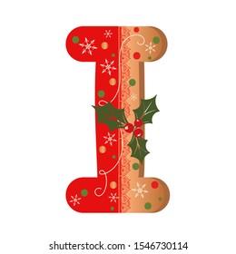 Letter I cookie alphabet vector with Christmas flowers and snowflakes. Illustration Cookie